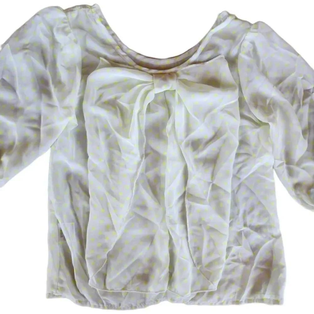 Route 66 girls M 7-8 cream neon green polka dot blouse bow tie scoop back
